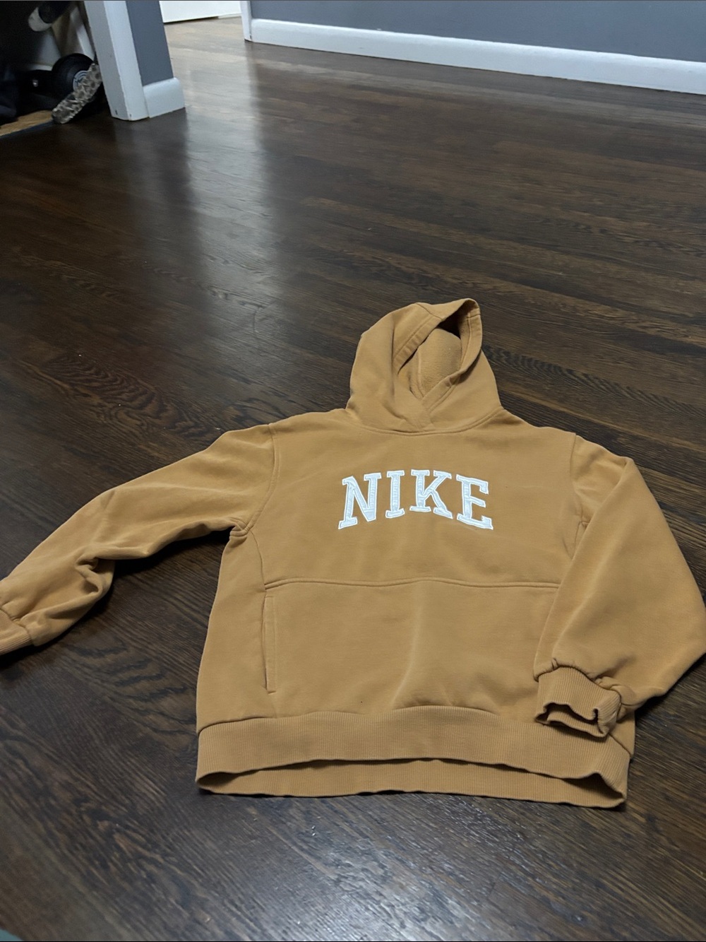 Nike boys Tan Crewneck Hoodie with White NIKE Logo